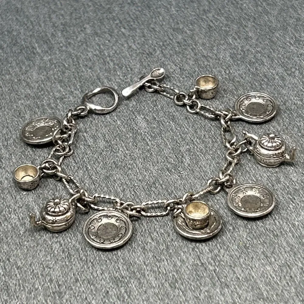 Vintage Silver Tone Tea Time Kitchen Charm Bracelet Miniature Teapots Plates